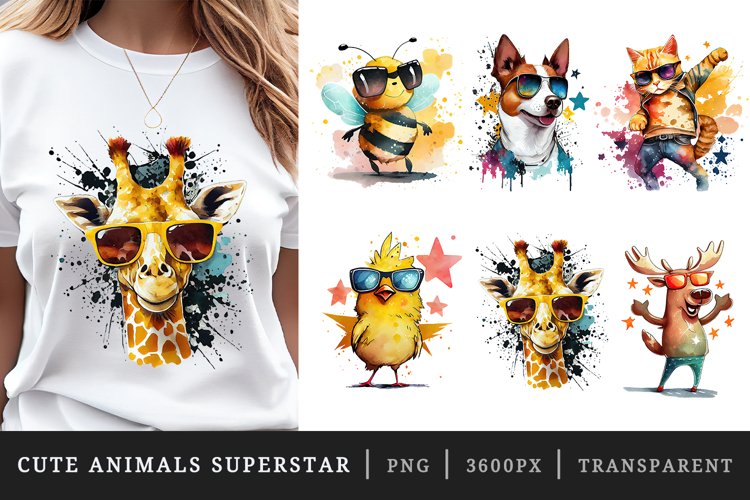 Watercolor cute animals superstar sublimation designs bundle