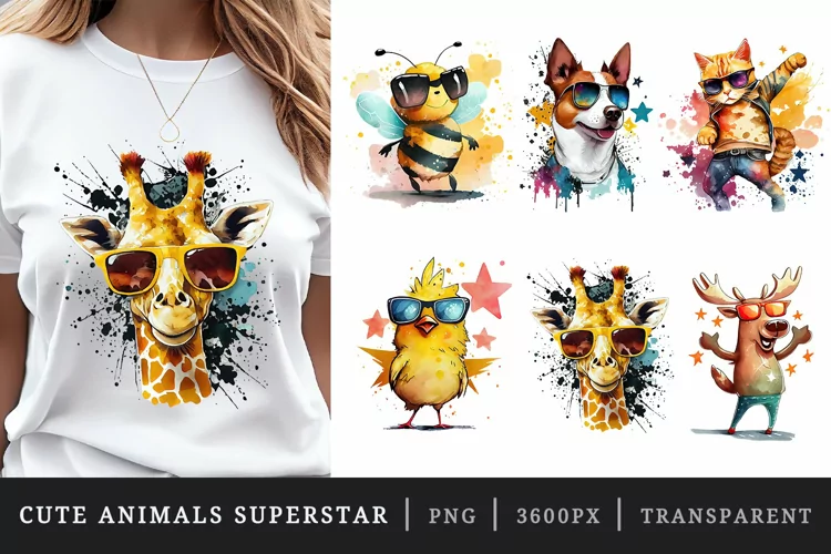 Watercolor cute animals superstar sublimation designs bundle