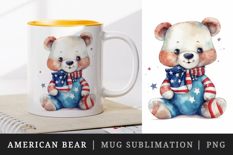 American Patriotic bear mug, cup wrap sublimation design png