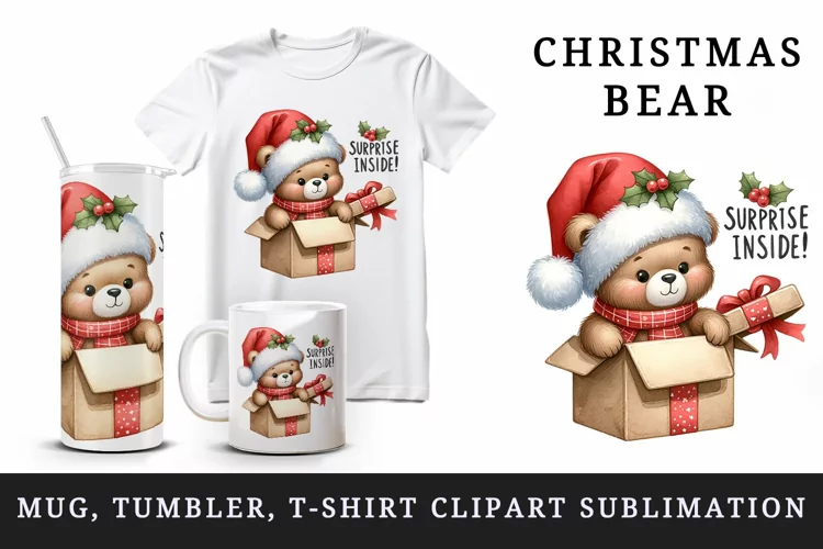 Christmas bear tumbler, mug wrap, clipart sublimation design