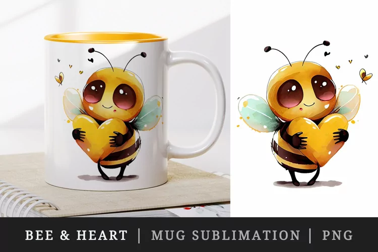 Cute bee & heart mug, cup wrap sublimation print design png