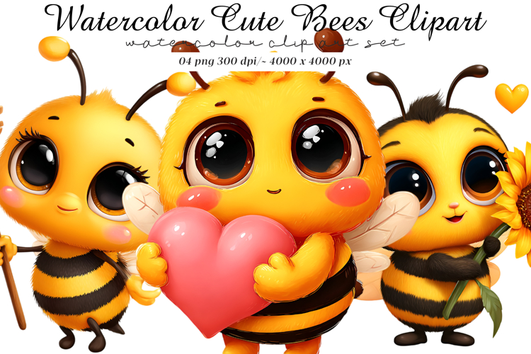 Watercolor cute bees clipart