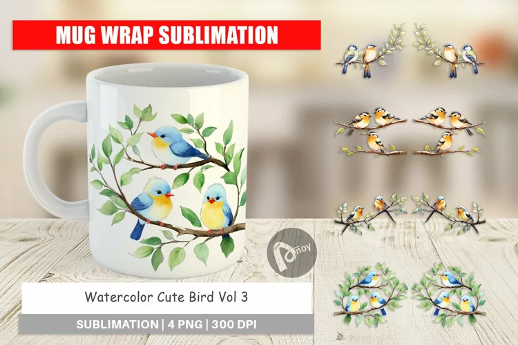 Mug Wrap Design Watercolor Bird