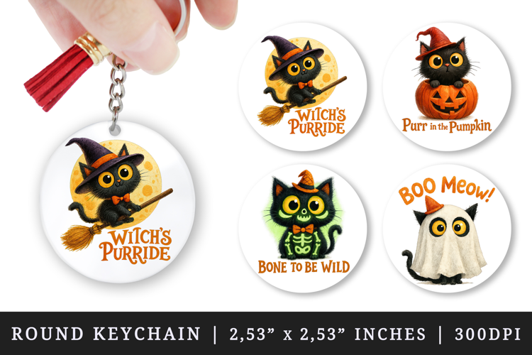 Halloween black cat quote round keychain sublimation design
