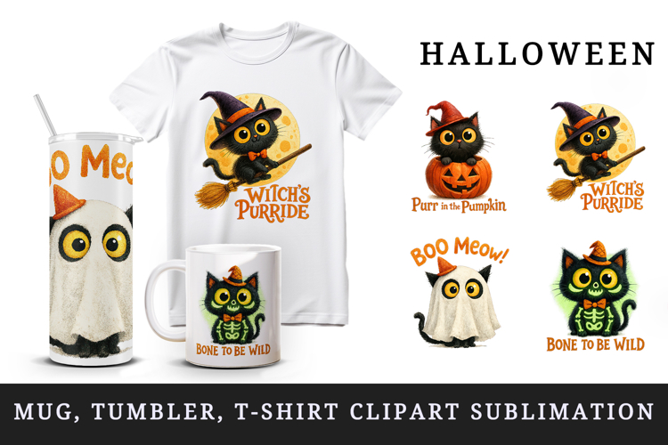 Halloween black cat tumbler mug clipart sublimation design