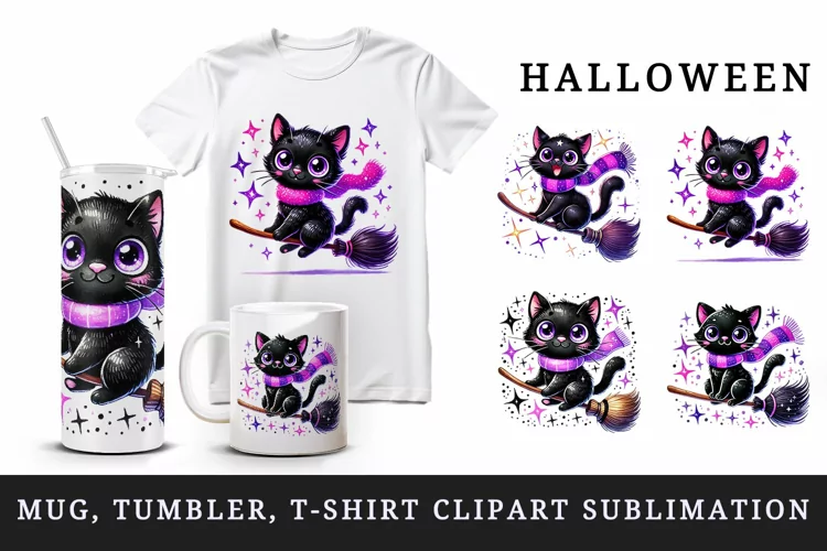 Halloween black cat tumbler mug wrap clipart sublimation png