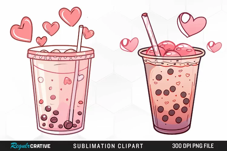 Watercolor Cute Bubble Tea Valentine Graphic Clipart