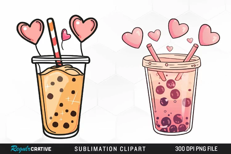 Watercolor Cute Bubble Tea Valentine Graphic Clipart