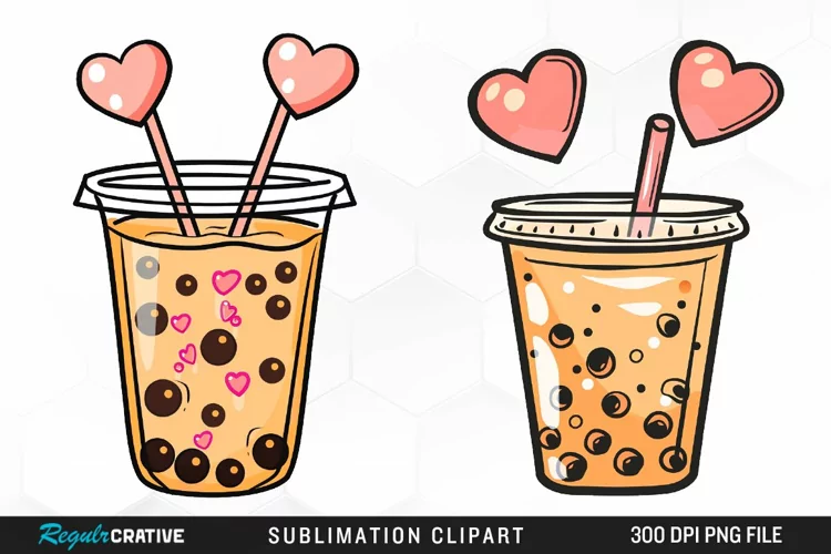 Watercolor Cute Bubble Tea Valentine Graphic Clipart