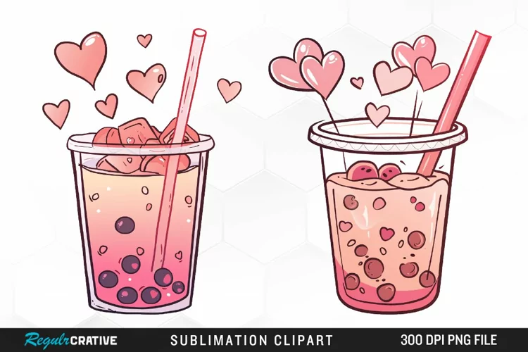Watercolor Cute Bubble Tea Valentine Graphic Clipart