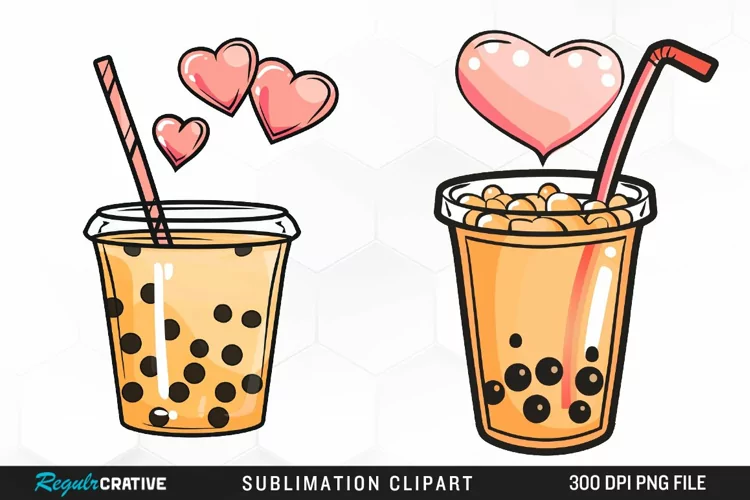 Watercolor Cute Bubble Tea Valentine Graphic Clipart