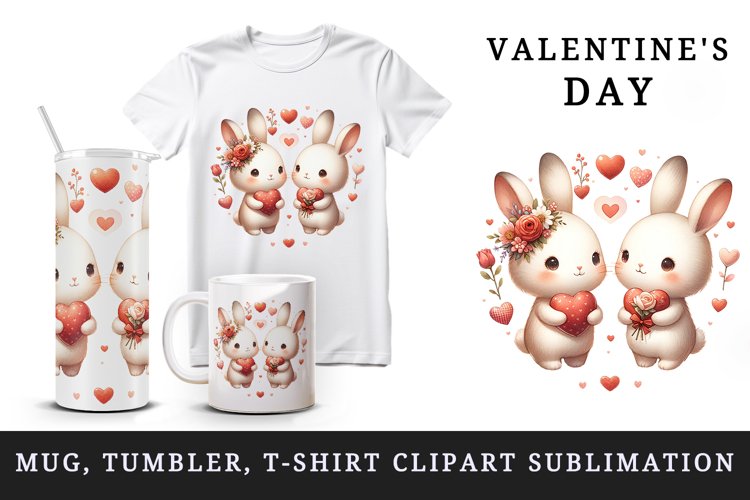 Watercolor cute bunnies holding heart flowers friends love Valentine Day print tumbler skinny mug wrap clipart t-shirt sublimation printable design