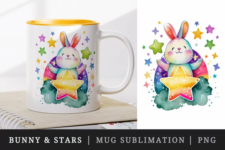Cute Bunny & Stars mug, coffee cup wrap sublimation design