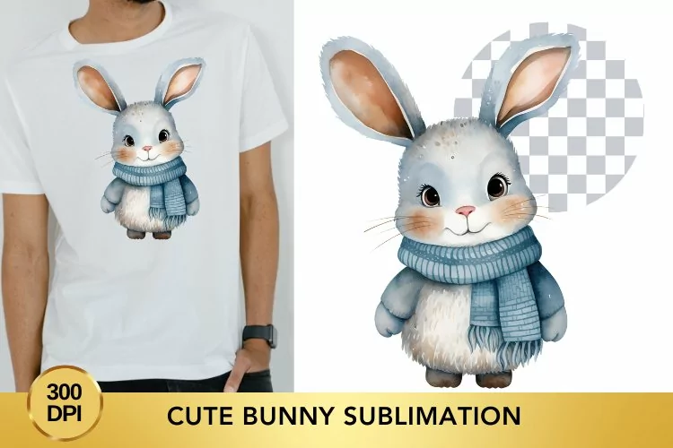 Watercolor Cute Bunny Sublimation Clipart, Animal Clipart