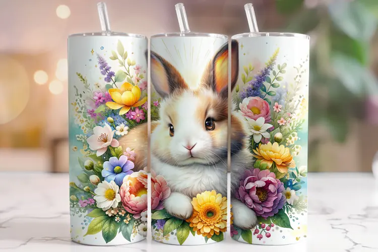 Easter Bunny Tumbler Wrap, Easter Floral Tumbler Wrap PNG