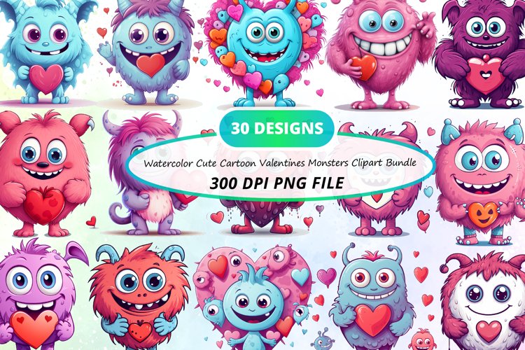 Cute Cartoon Valentines Monsters Clipart Bundle