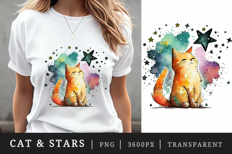 Watercolor cute cat & stars t-shirt sublimation print design