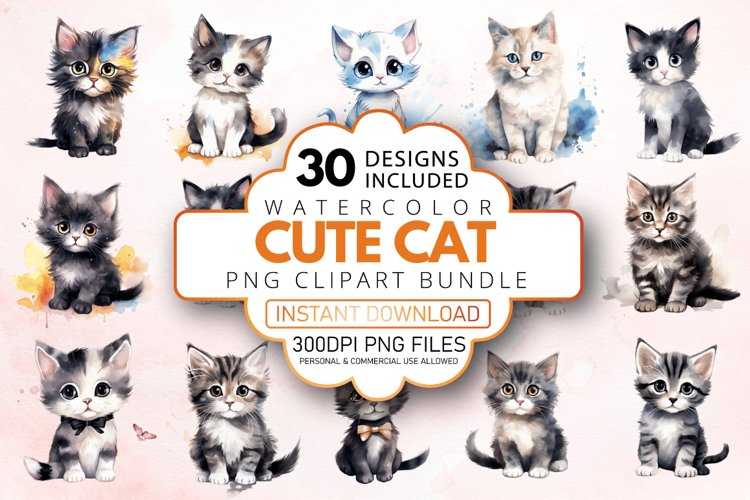 Watercolor Cute Cat Clipart Bundle