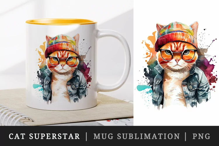 Cute Cool Cat Superstar mug, cup wrap sublimation design png