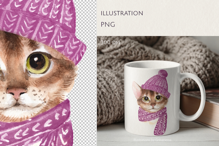Watercolor Cute Cat in Knitted Hat and Scarf PNG