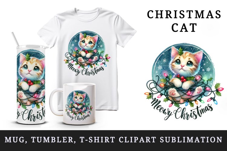 Watercolor cute cat kitten kitty lights Meowy Christmas greeting quote print 20oz tumbler skinny mug wrap clipart t-shirt sublimation printable design