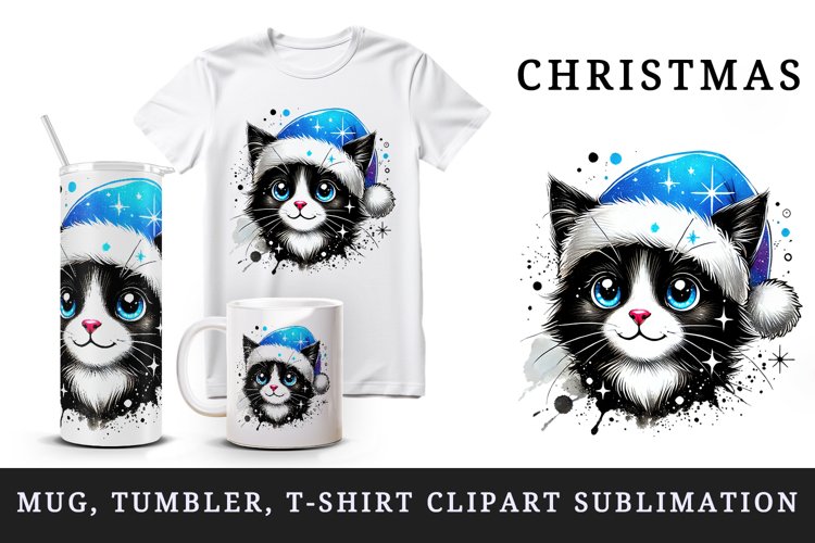 Watercolor cute cat neon blue Santa hat Christmas New Year winter print 20 oz tumbler skinny mug wrap clipart t-shirt sublimation printable design