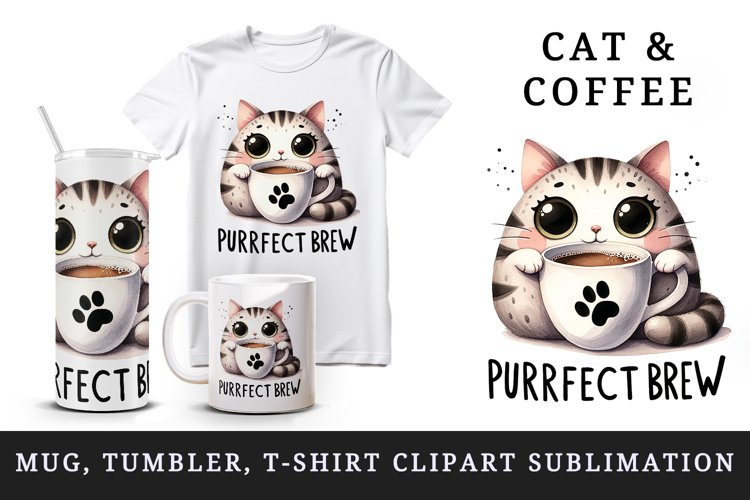 Cat Coffee Lover tumbler mug wrap clipart sublimation design