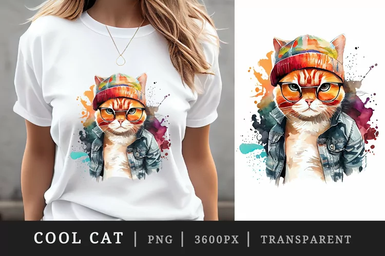 Watercolor cool cat t-shirt sublimation print design png
