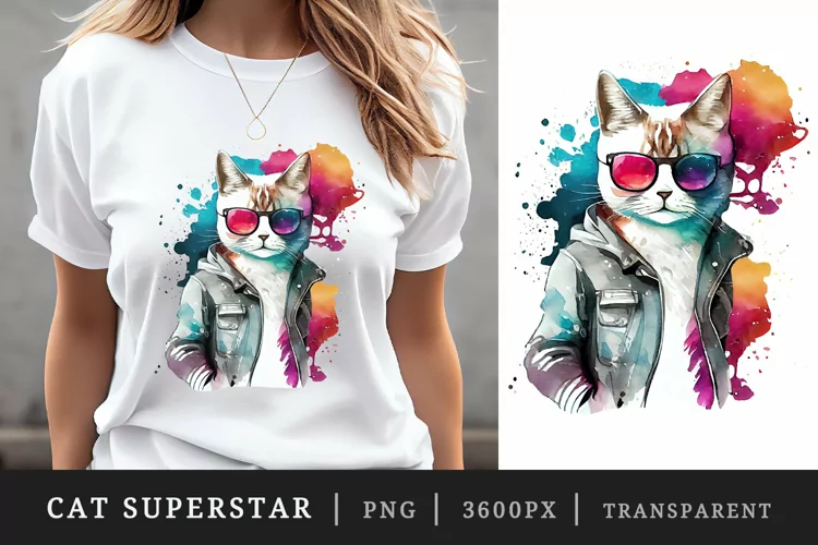 Watercolor cool cat t-shirt sublimation print design png
