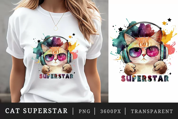 Watercolor cat superstar t-shirt sublimation print design