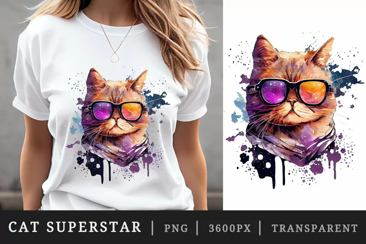 Watercolor cat superstar t-shirt sublimation print design