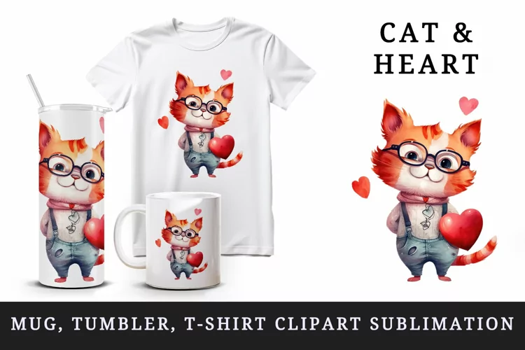 Cute cat & heart tumbler mug wrap clipart sublimation design