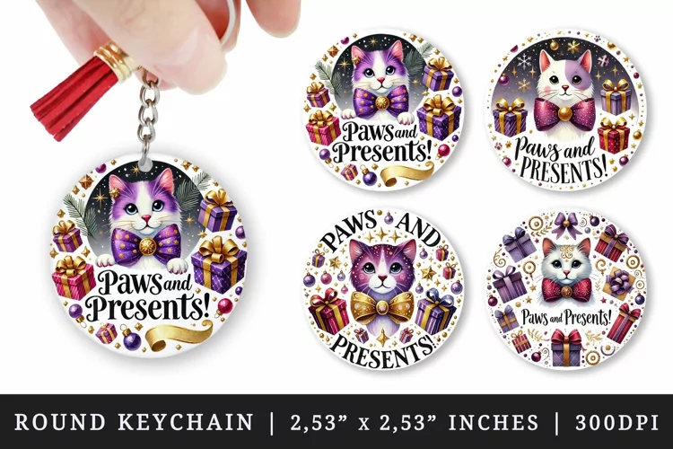 Christmas cat round keychain sublimation design, keychains