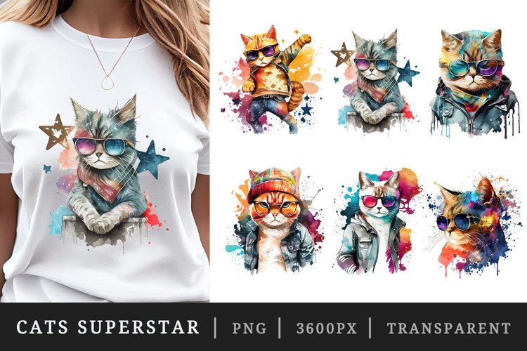 Watercolor cute cats superstar sublimation design bundle png example image 1