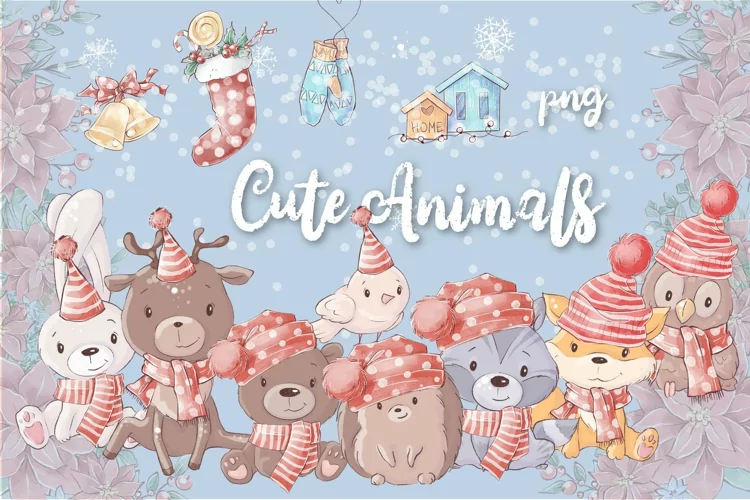 Cute Watercolor Christmas Animals Clipart