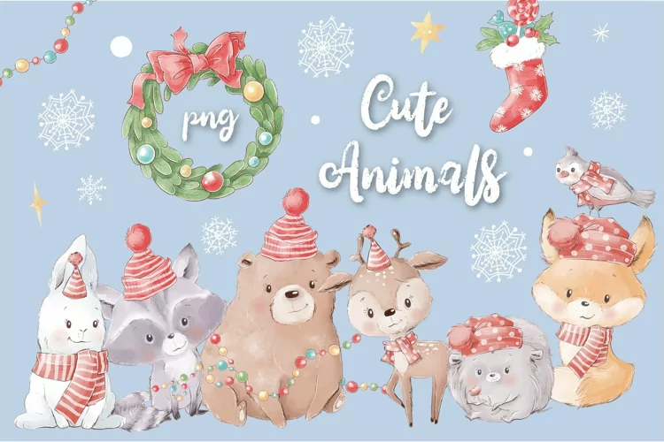 Watercolor Cute Christmas Animals