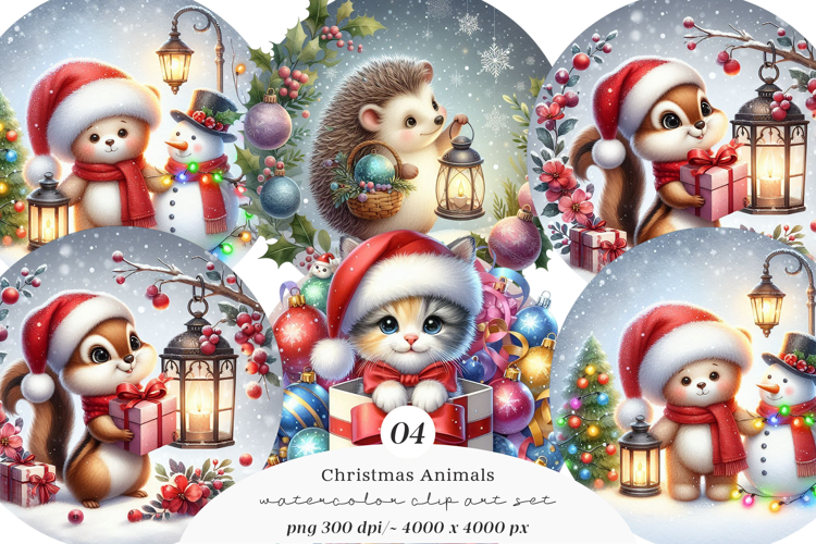 Watercolor Cute Christmas Animals Collection Clipart