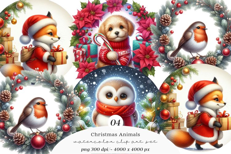 Watercolor Cute Christmas Animals Collection Clipart