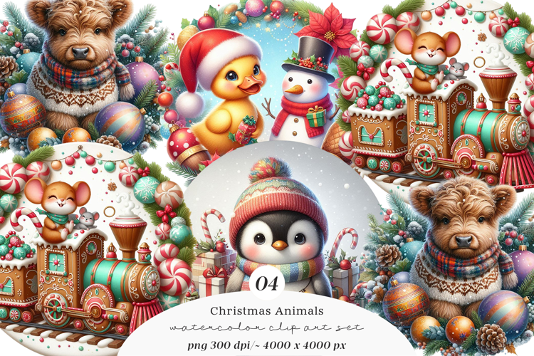 Watercolor Cute Christmas Animals Collection Clipart