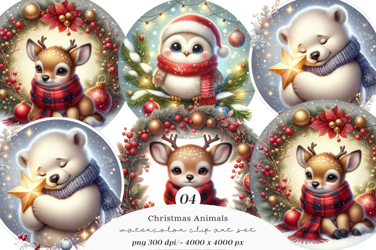 Watercolor Cute Christmas Animals Collection Clipart