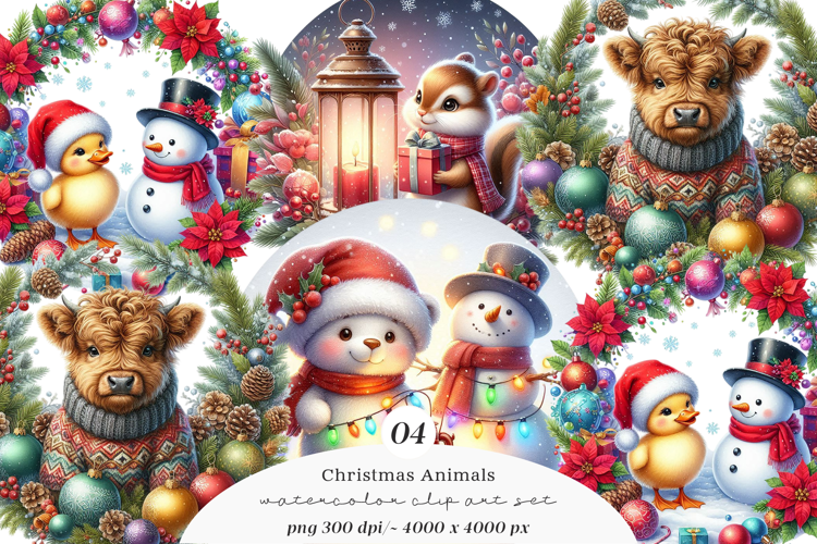 Watercolor Cute Christmas Animals Collection Clipart