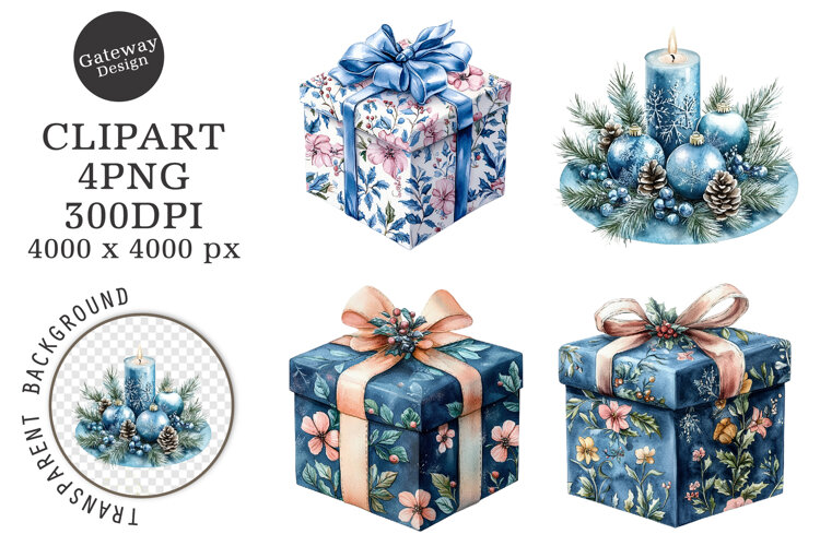 Watercolor Cute Christmas Blue Clipart example image 1