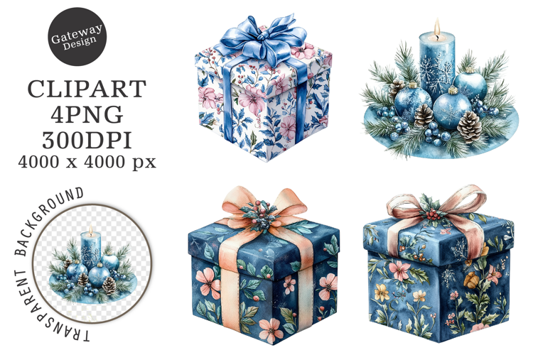 Watercolor Cute Christmas Blue Clipart
