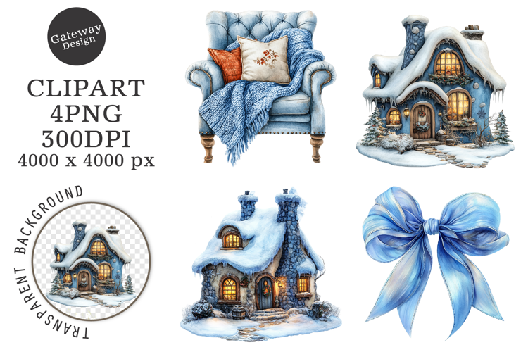Watercolor Cute Christmas Blue Clipart