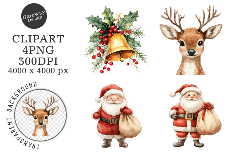 Watercolor Cute Christmas Clipart