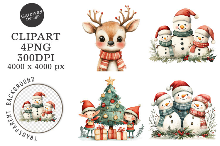 Watercolor Cute Christmas Family Clipart