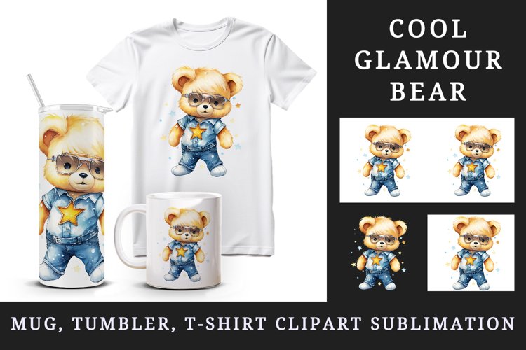 Watercolor cute cool glamour bear superstar animal toy glasses stars print 20 oz tumbler skinny mug wrap clipart t-shirt sublimation printable design