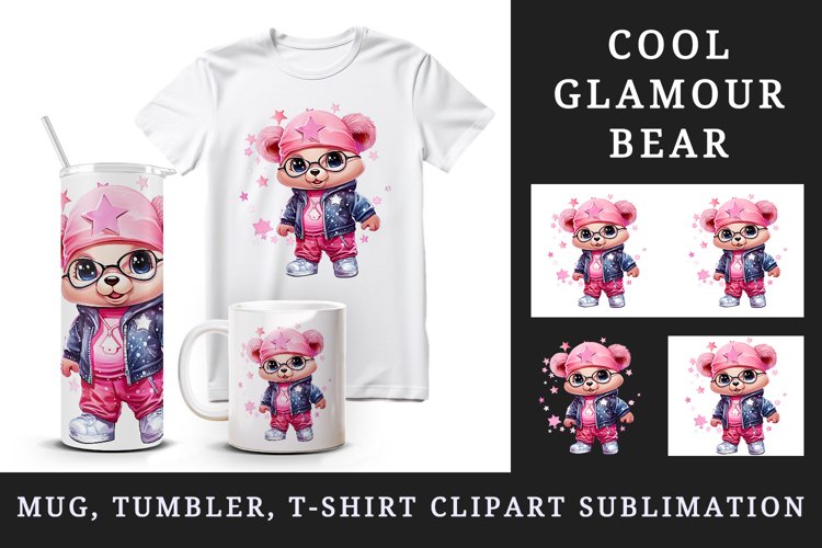 Watercolor cute cool glamour bear superstar animal toy glasses stars print 20 oz tumbler skinny mug wrap clipart t-shirt sublimation printable design