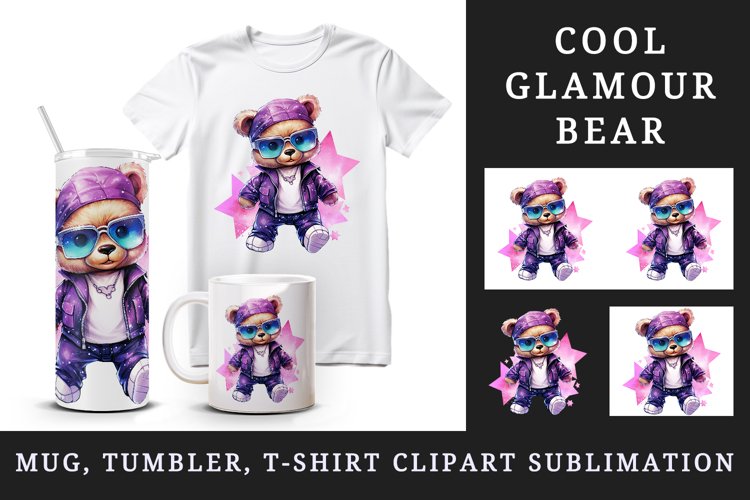 Watercolor cute cool glamour bear superstar animal toy sunglasses print 20 oz tumbler skinny mug wrap clipart t-shirt sublimation printable design