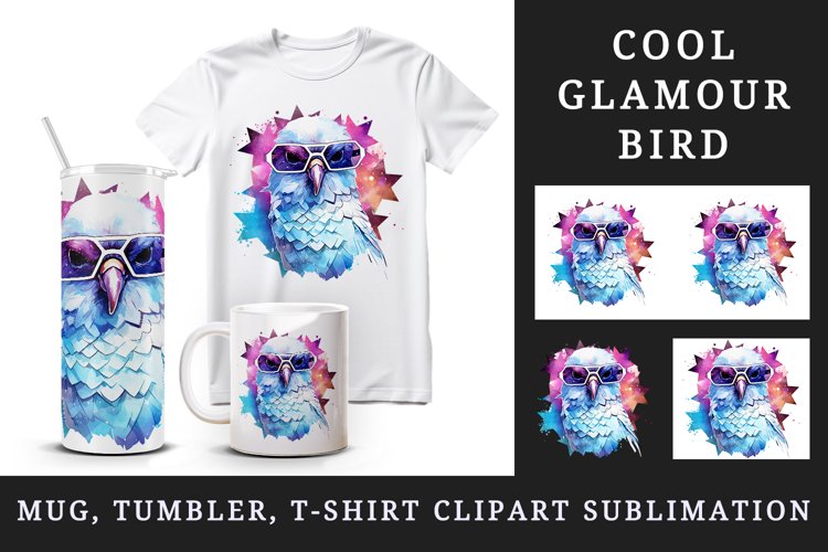 Watercolor cute cool glamour bird superstar wild animal glasses stars print 20 oz tumbler skinny mug wrap clipart t-shirt sublimation printable design